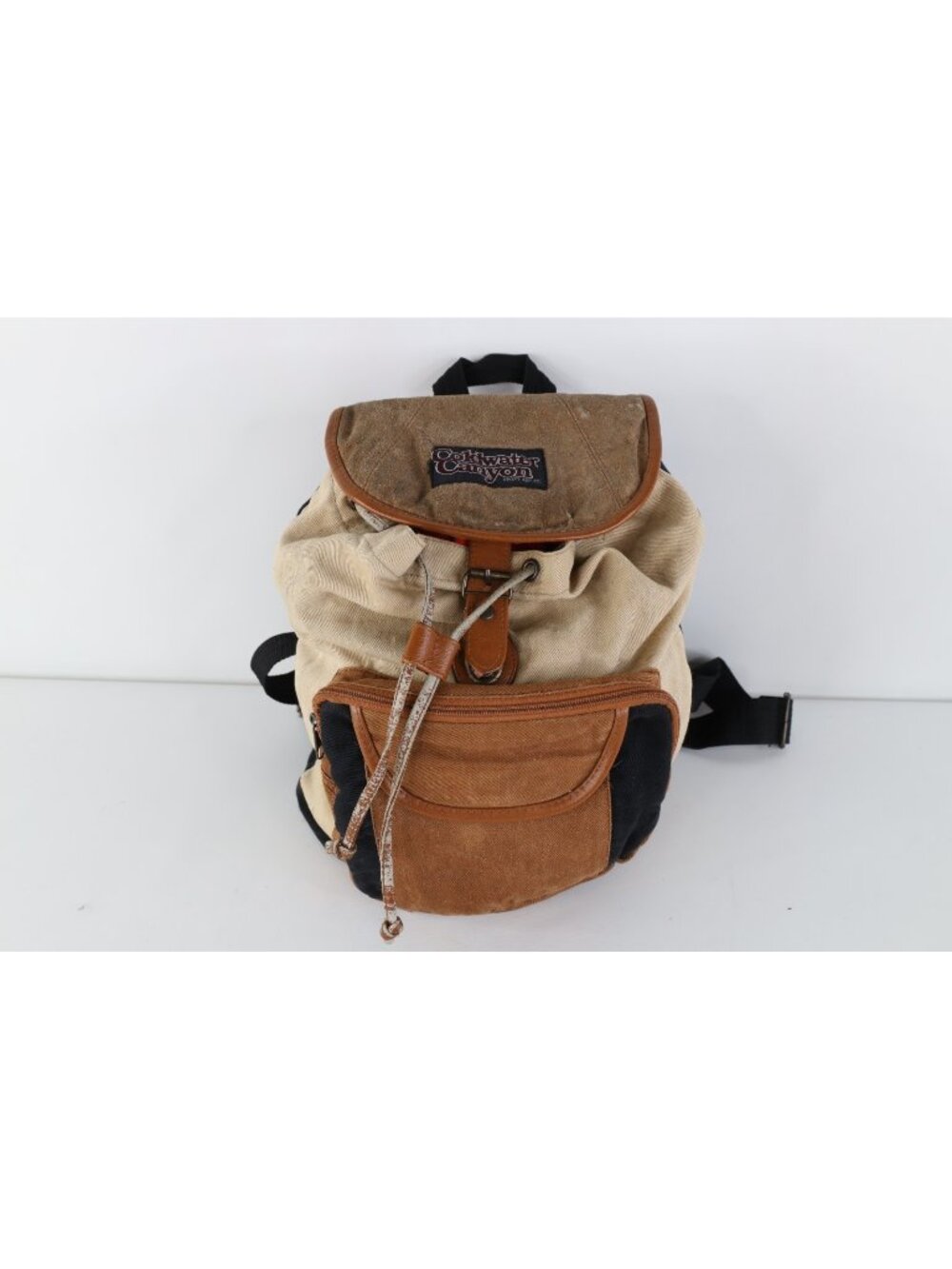 Vintage 90s Streetwear Distressed Suede Leather Canvas Color Block Backpack Bag